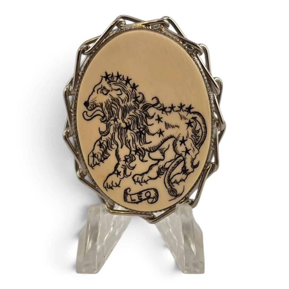 Vintage Scrimshaw Style Bone Lion Brooch Pendant Artist Signed Silver Tone